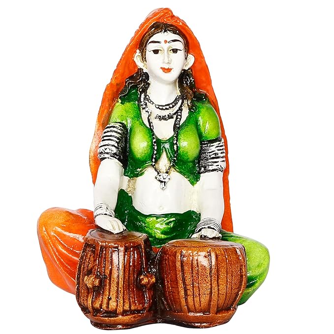 Ecraftindia Handcrafted Polyresin Rajasthani Musician Couple Statue | Men Singing and Women Playing Tabla Musical Instrument