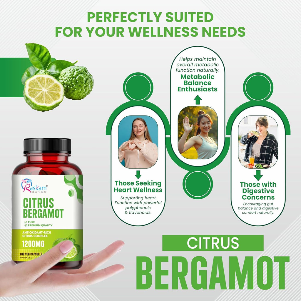 Citrus Bergamot 1200mg Supplement, 100 Veg Capsules, Antioxidant-Rich Complex for Heart Health and Immune Support