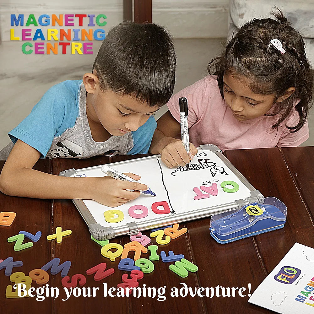 FLO Toys Magnetic Learning Centre for Kids Double-Sided Magnetic Board with A-Z Letters, 0-9 Numbers Marker & Duster Educational Preschool Toy for Boys & Girls