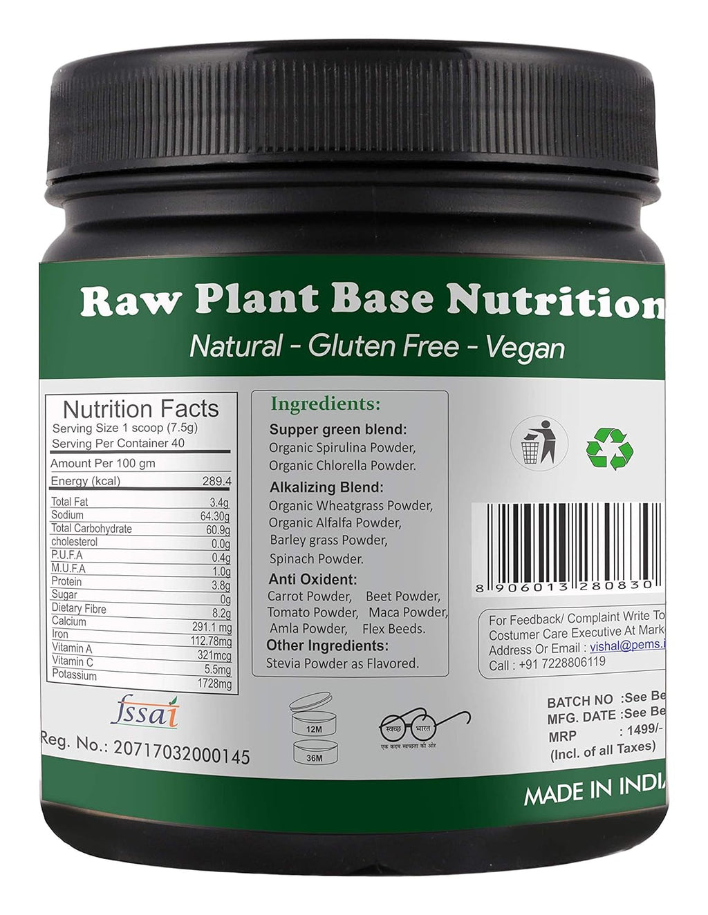 Go Organic Super Green powder Supergreens Raw Plant-Based Nutrition, Organic Spirulina, Chlorella, Acerola & Other Alkalizing And Antioxidant Fruits & Vegetables, Lemongrass & Stevia 300Gm