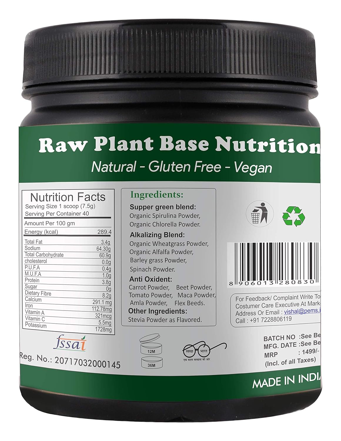 Go Organic Super Green powder Supergreens Raw Plant-Based Nutrition, Organic Spirulina, Chlorella, Acerola & Other Alkalizing And Antioxidant Fruits & Vegetables, Lemongrass & Stevia 300Gm