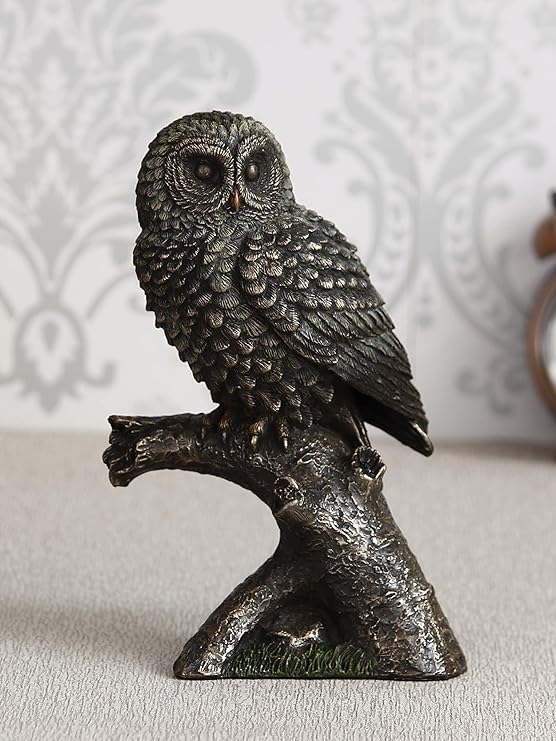 Ecraftindia Handcrafted Polyresin and Bronze Owl Statue Bird Sitting on Branch Figurine Decorative Showpiece