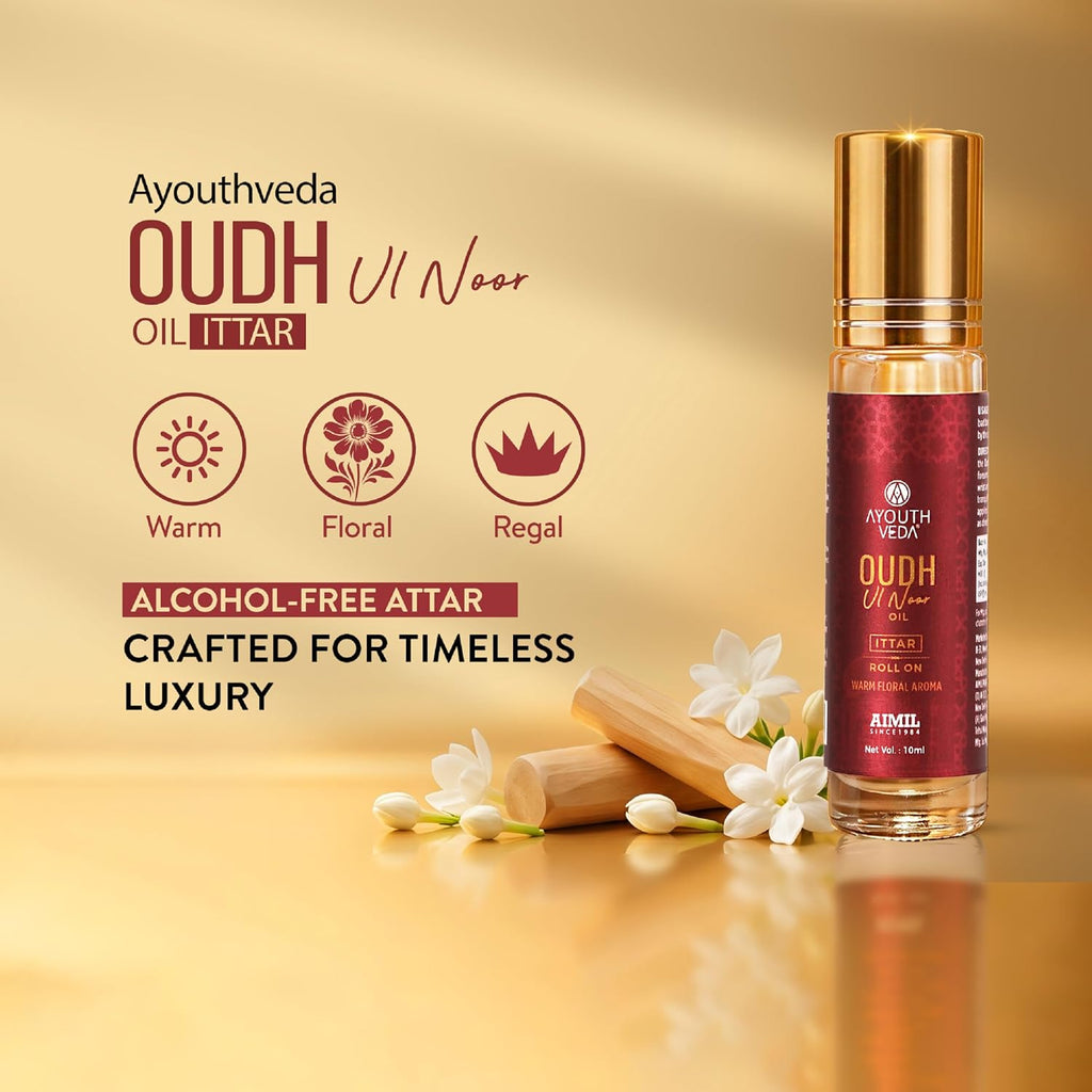 Ayouthveda Oudh Ul Noor Ittar | Premium Non-Alcoholic Long Lasting Roll-On Perfume | Unisex Oud Fragrance | Amber, Jasmine & Rose | Pocket-Friendly & Travel Friendly | 10 ml
