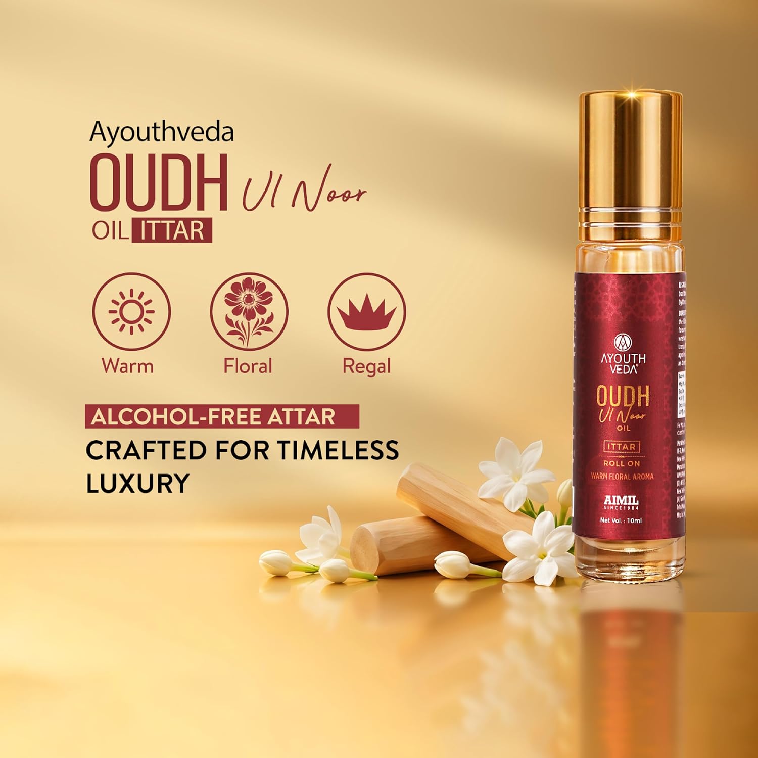 Ayouthveda Oudh Ul Noor Ittar | Premium Non-Alcoholic Long Lasting Roll-On Perfume | Unisex Oud Fragrance | Amber, Jasmine & Rose | Pocket-Friendly & Travel Friendly | 10 ml