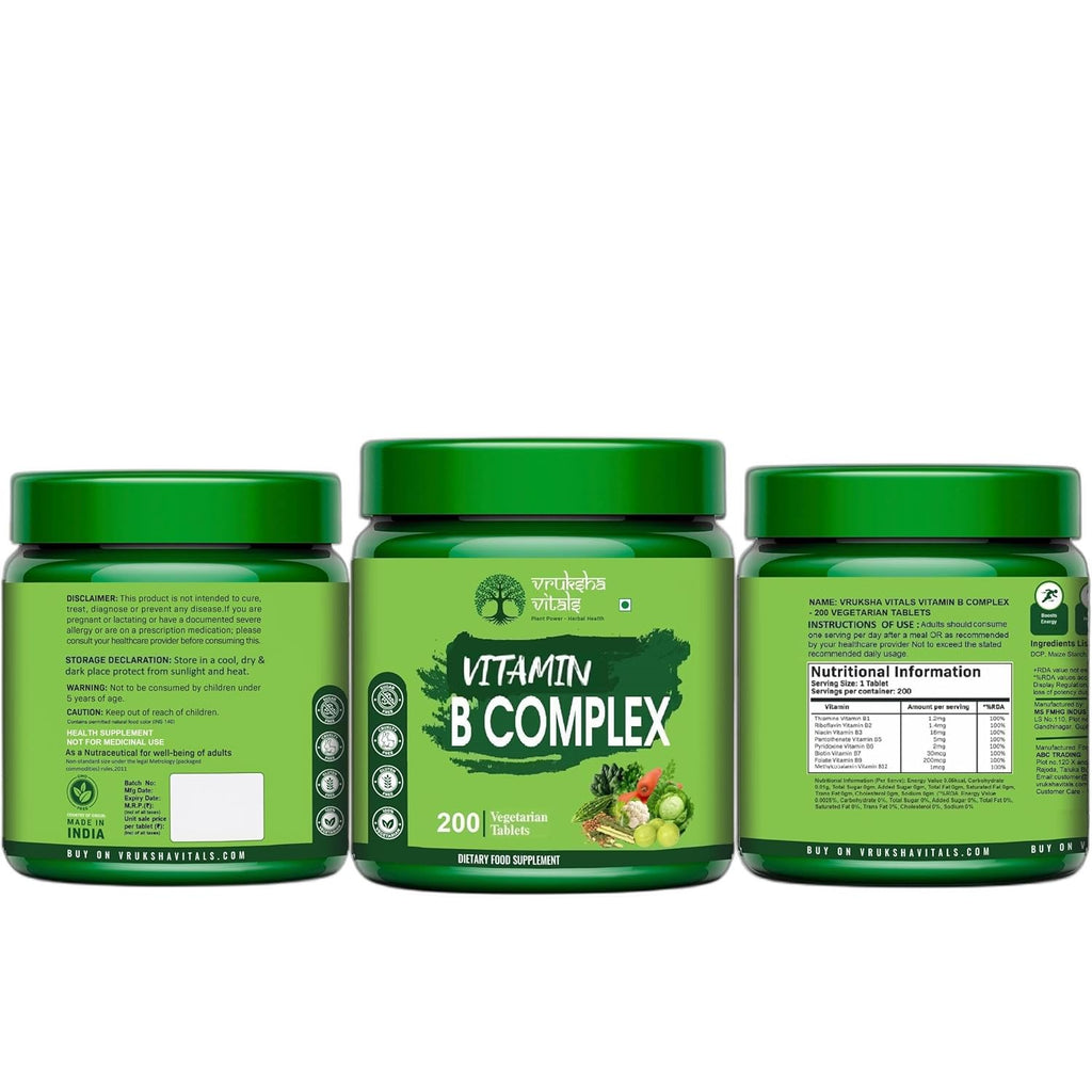 Vruksha Vitals Vitamin B Complex 100% RDA - 200 Tablets/Capsules - B Vitamins Supplement (B1, B2, B3, B5, B6, B7, B9, B12) (With Mecobalamine)