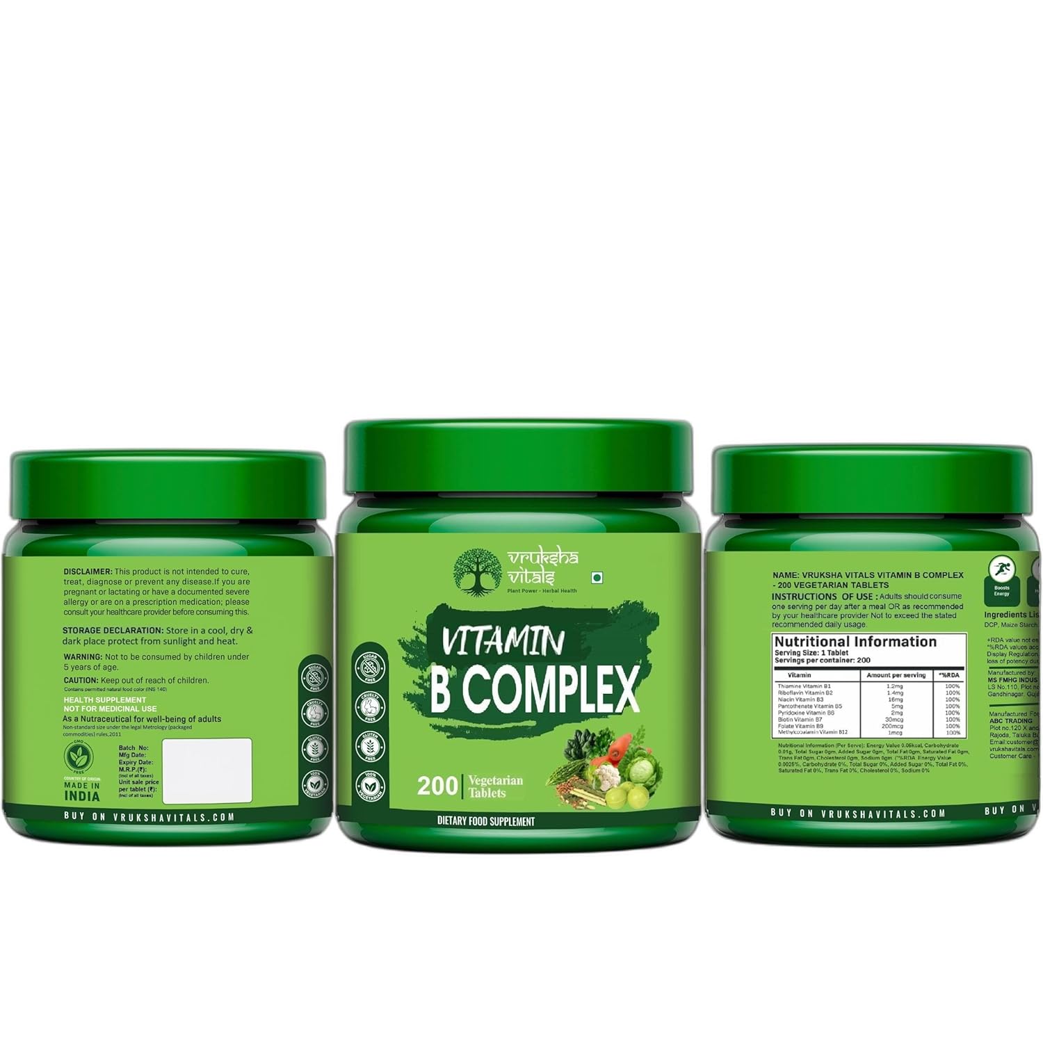 Vruksha Vitals Vitamin B Complex 100% RDA - 200 Tablets/Capsules - B Vitamins Supplement (B1, B2, B3, B5, B6, B7, B9, B12) (With Mecobalamine)