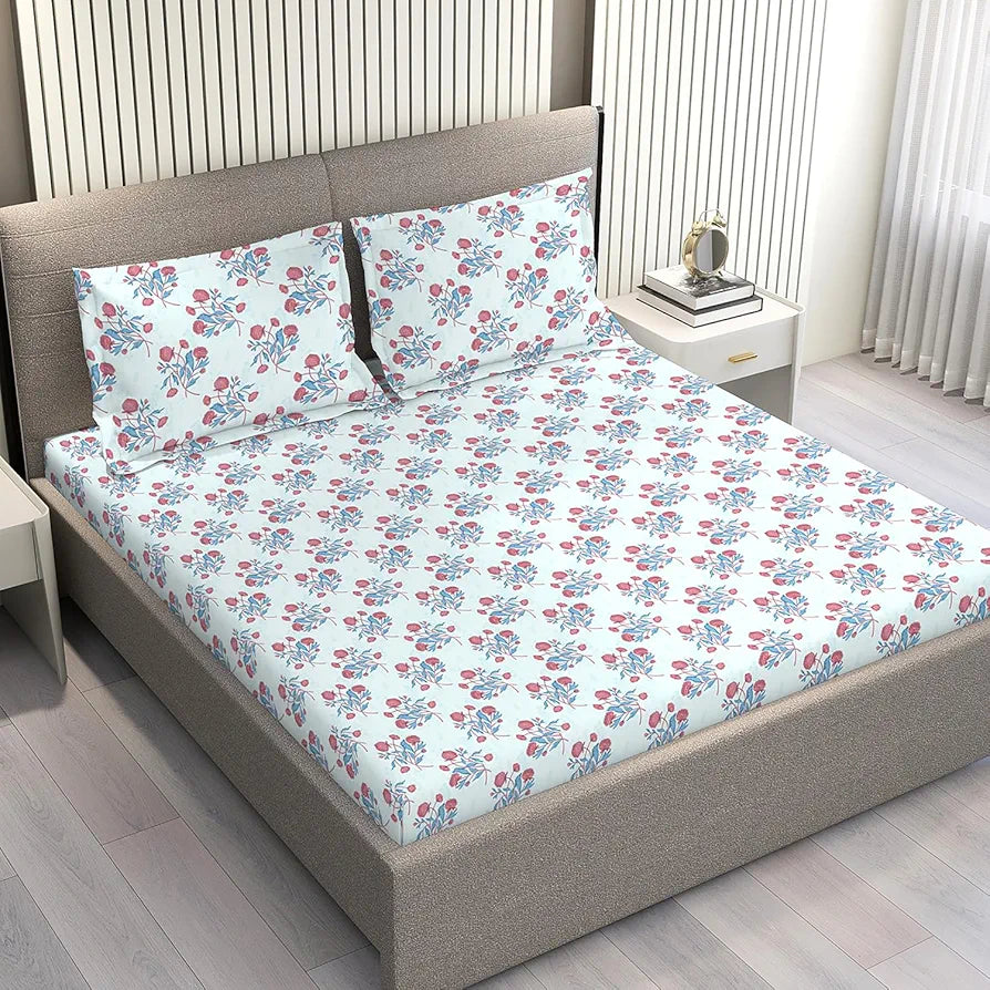 Layers Marigold Cotton Bedsheet Set for All Seasons Lightweight 144 TC King Size Blue Printed
