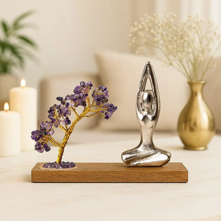 Ritualistic Namaste Amethyst Quartz Crystal Tree Handcrafted for Energy Healing Meditation