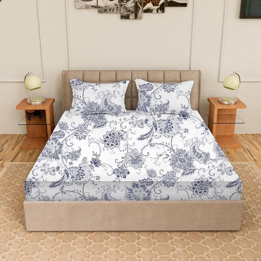 Trance Home Linen Skin Friendly 100% Cotton Printed Fitted Bedsheet for Queen Size Bed with 2 Pillow Cover Premium 180TC Colour Blue Pathway