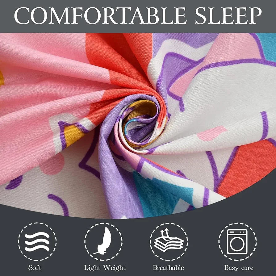 Fresh From Loom Glace Cotton Wrinkle Free Soft Cartoon Printed Single Size Bedsheets With 1 Pillow Covers 144 tc Multicolor Unicorn Multicolor