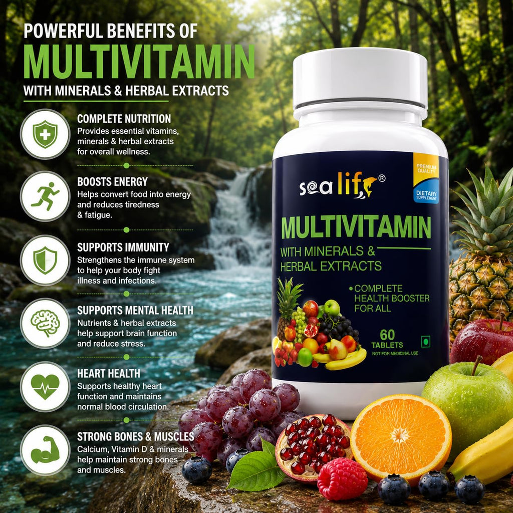 Sea Life Multivitamin With Herbal Extract With Zinc, Calcium,Vitamin C, D2 and Natural Herbal Extracts, Complete Health Booster, For Daily Immunity Strong Bones, and Enhances Energy Level (Pack of-1)