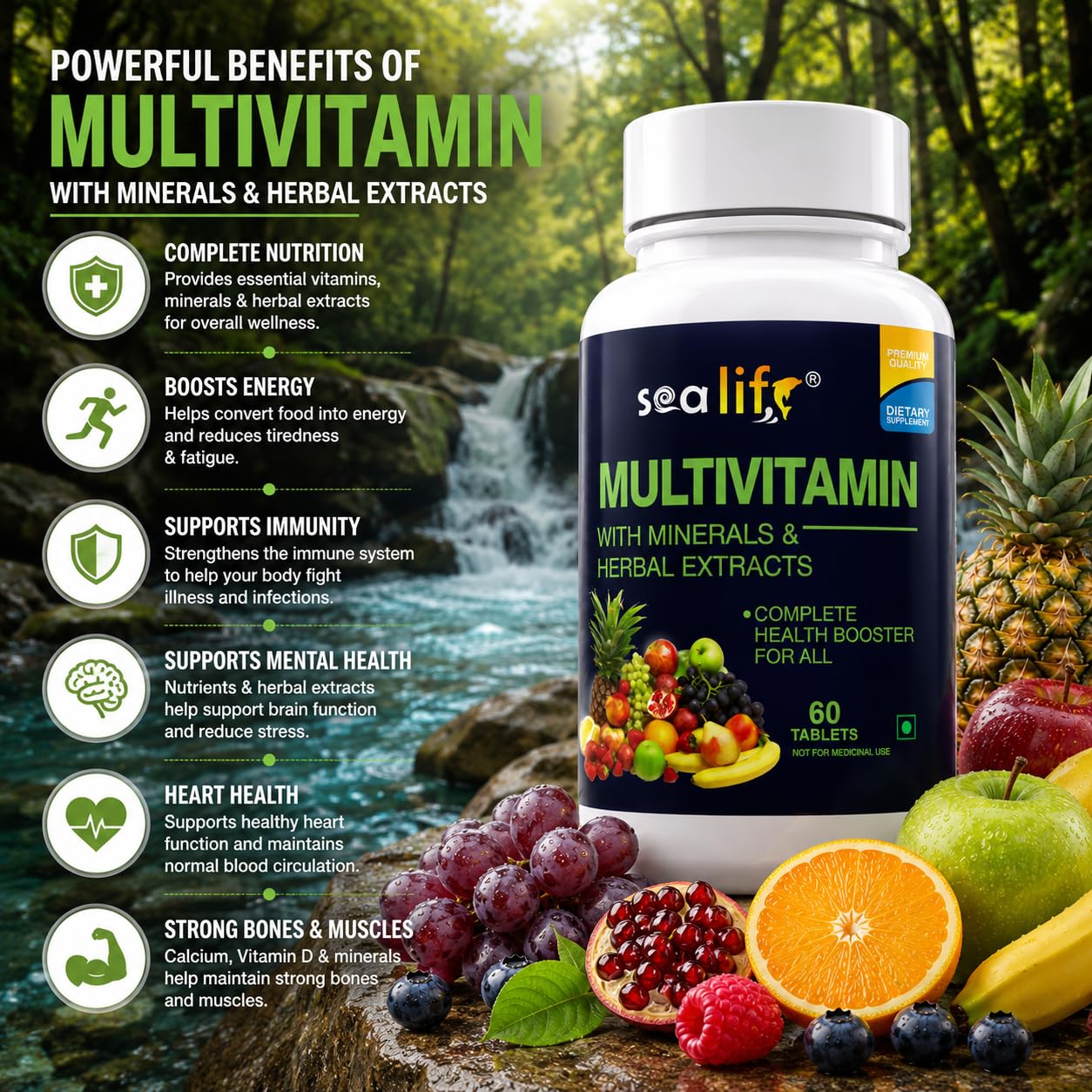 Sea Life Multivitamin With Herbal Extract With Zinc, Calcium,Vitamin C, D2 and Natural Herbal Extracts, Complete Health Booster, For Daily Immunity Strong Bones, and Enhances Energy Level (Pack of-1)