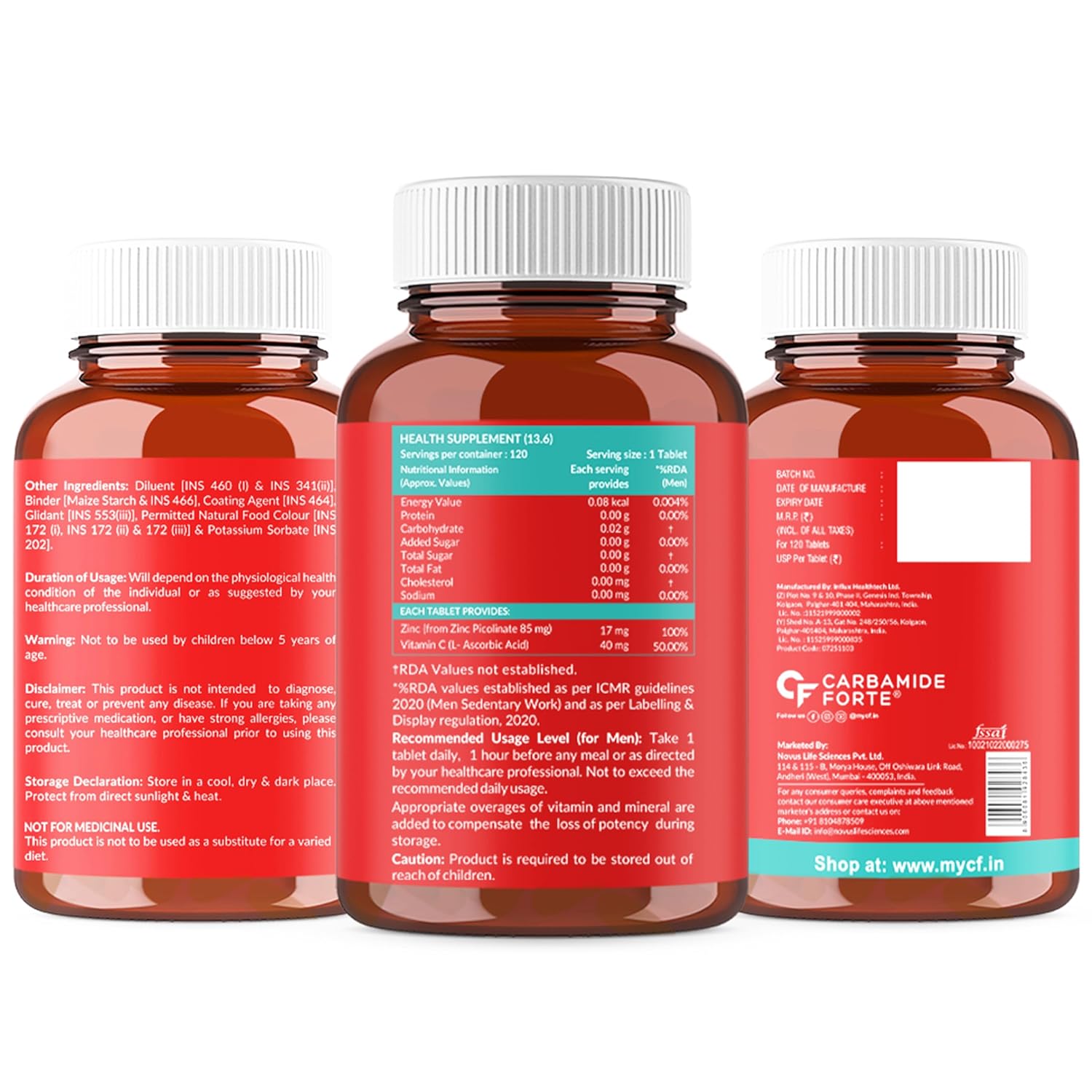 Carbamide Forte Zinc Picolinate with Vitamin C | Zinc Supplements for Men with 100% RDA Zinc | Immunity & Cellular Health Support â€“ 120 Tablets