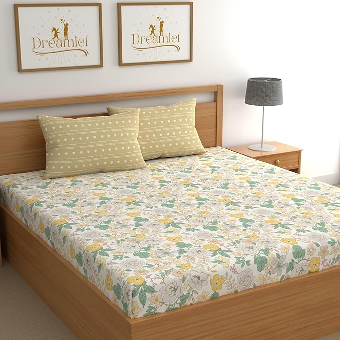 Dreamlet All Around Elastic Supersoft 210tc Premium Cotton Elastic Fitted Bedsheets With 2 King Size Pillow Covers | Yellow