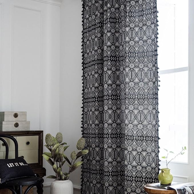Huesland Cotton Curtains for Windows, 5 Feet Long 1 Bohemian Eyelet Curtain | Geometric Black