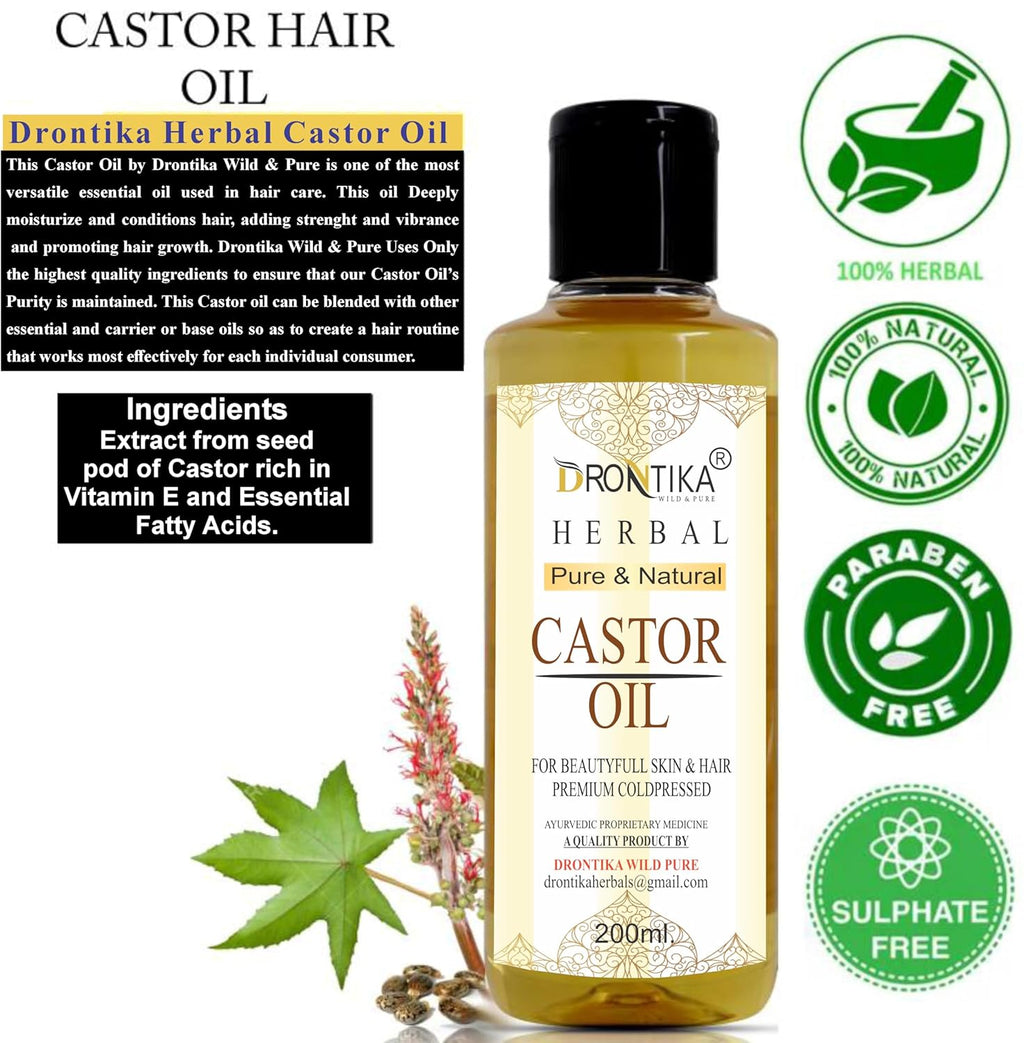 DRONTIKA Castor Oil 100% Pure, Cold Pressed, To Support Hair Growth, Good Skin and Strong Nails | Castor Oil for Skin Care (Arandi Oil ) Premium Cold Pressed , Pure & Virgin Grade - 210 ML