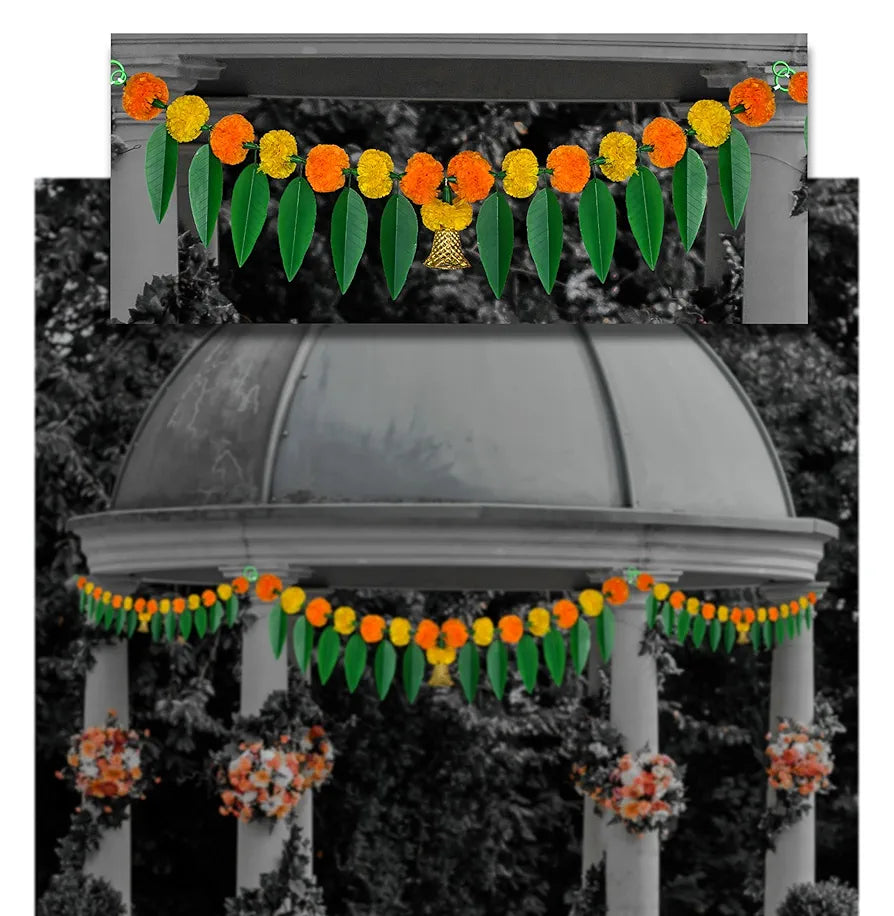 Artificial Marigold Bandanwar Pack of 4 with Mango Leaves and Bells 40 Inch Yellow and Mango