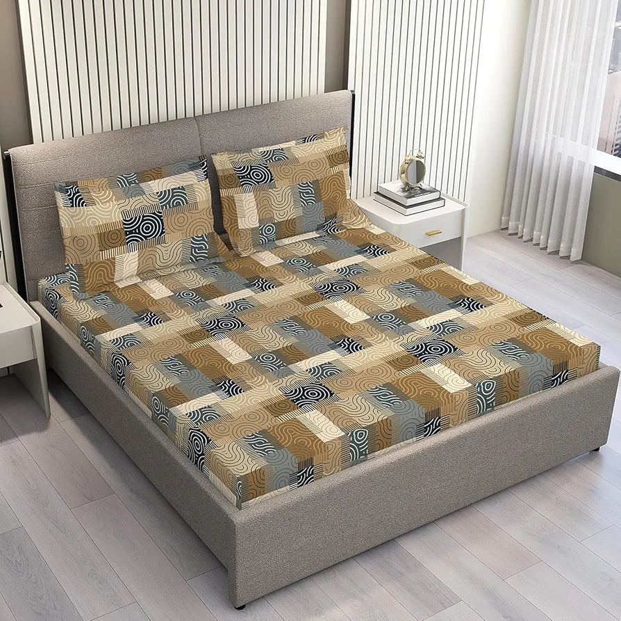 Layers Tivoli Cotton Bedsheet Set for All Seasons Lightweight 104 TC Queen Size Beige/Blue Color