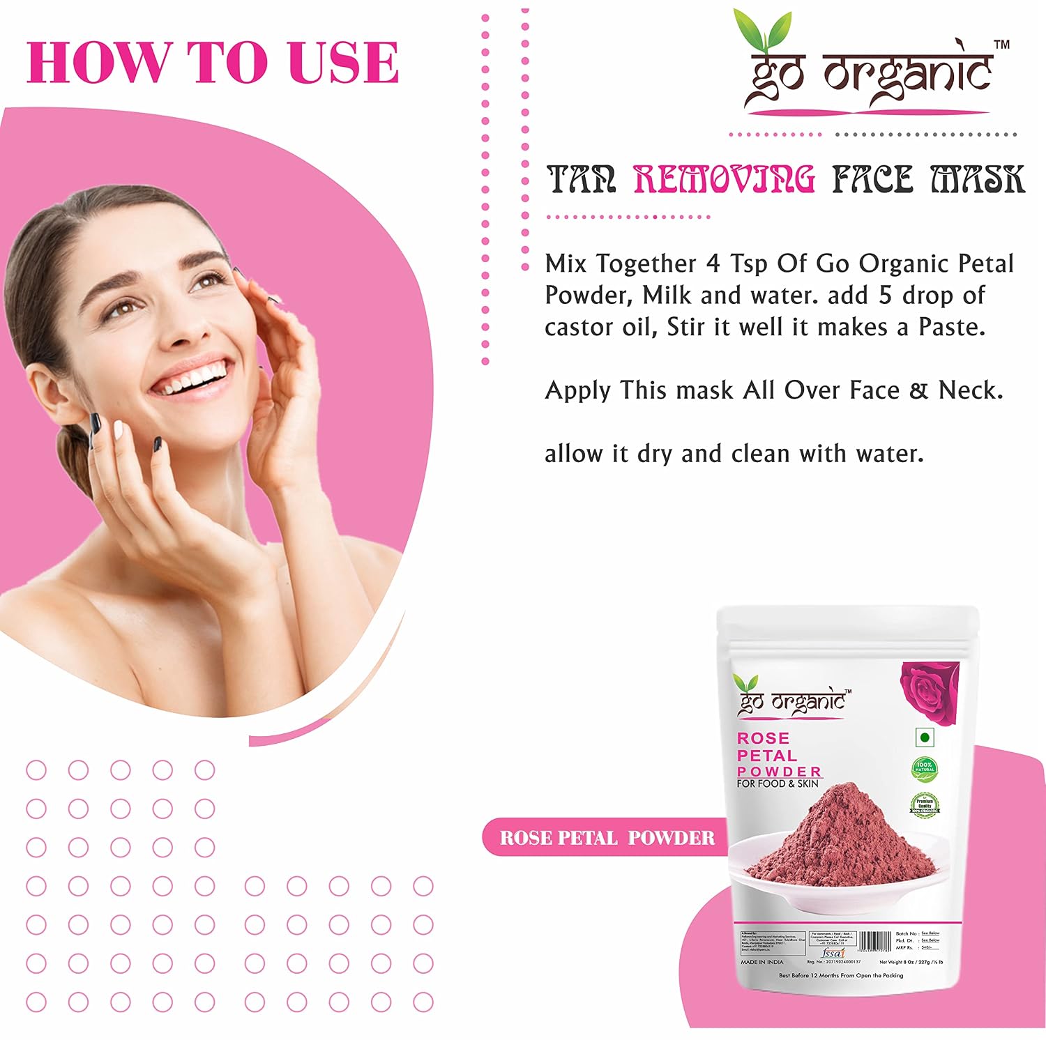 Go Organic Export Quality Rose Petal Powder for Skin and Food 227g - Natural Skin Toner with Vitamin C and for Antioxidant Protection