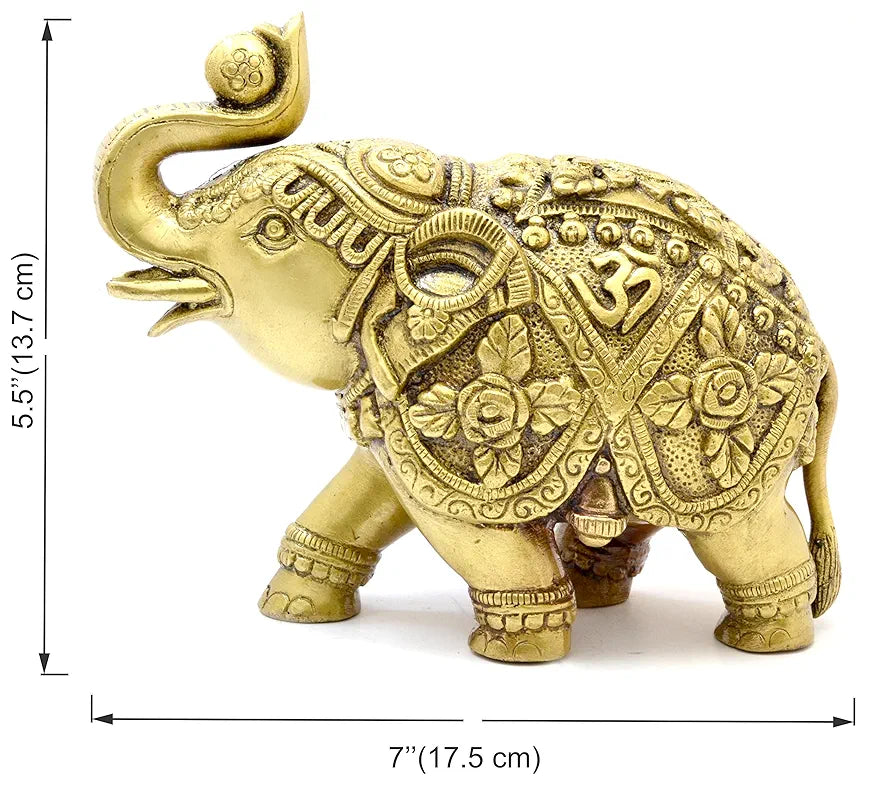 Two Moustaches Om and Swastika Carving Brass 7 Inches Elephant Showpiece