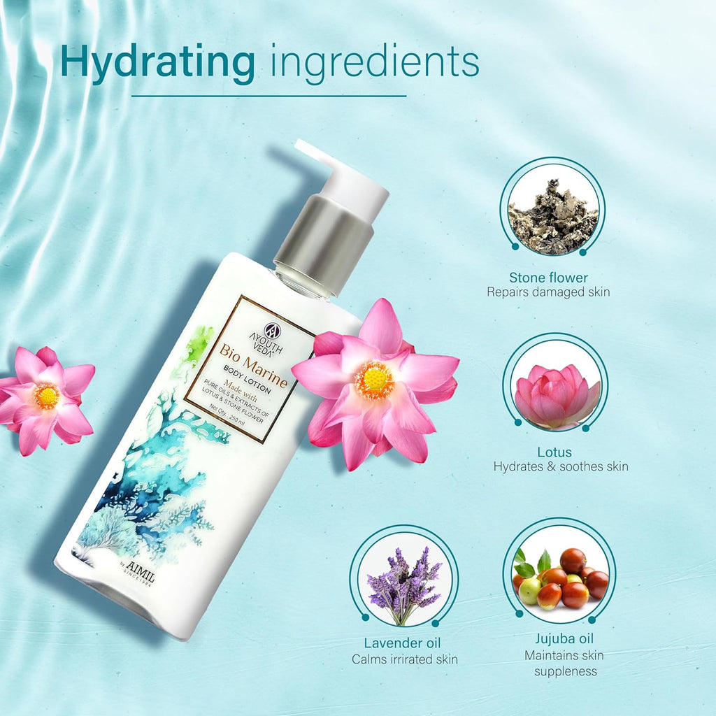 Ayouthveda Bio Marine Body Lotion with Lotus & Stone Flower, Deeply Hydrating, Non-Greasy Formula, Natural & Ayurvedic, 250ml