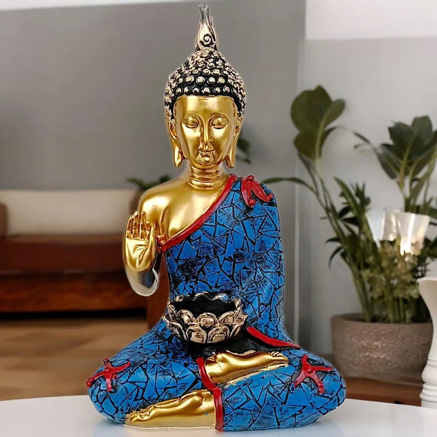 Neelaya Meditating Buddha Statue With Tealight Candle Holder Polyresin Showpiece 28 Cm Gold Blue