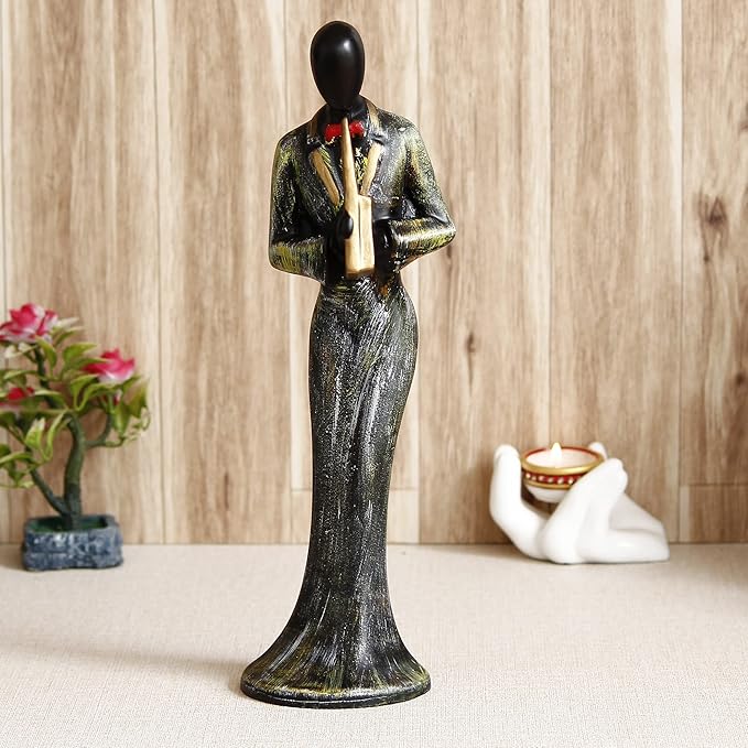 Ecraftindia Lady Playing Wind Musical Instrument Antique Finish Handcrafted Decorative Polyresin Showpiece