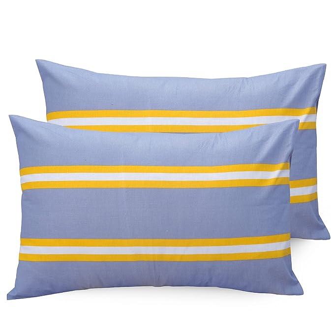 Huesland by Ahmedabad Cotton 144 TC King Size Bedsheet Cotton with 2 Pillow Covers | Flamingos & Stripes Grey & Yellow