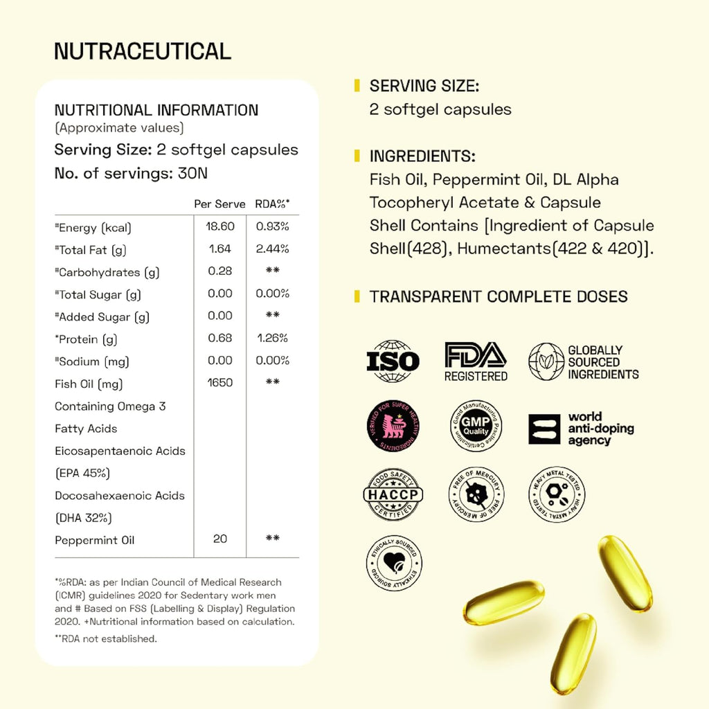 Ace Blend Outshine Omega 3 Fish Oil Capsules (60 Softgels) | 1650 Mg with 743 EPA & 528 DHA | 2 capsules for 4X Strength | No Fishy Burps | Supports Heart, Brain, Joints, Eye Health
