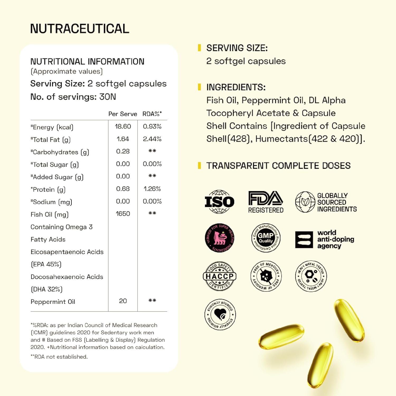 Ace Blend Outshine Omega 3 Fish Oil Capsules (60 Softgels) | 1650 Mg with 743 EPA & 528 DHA | 2 capsules for 4X Strength | No Fishy Burps | Supports Heart, Brain, Joints, Eye Health