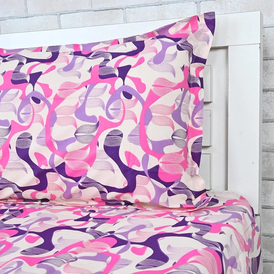 Divine Casa 144 TC Pure Cotton Double Bed Bedsheet with 2 Pillow Covers Orchid Bloom Colour Purple Pink