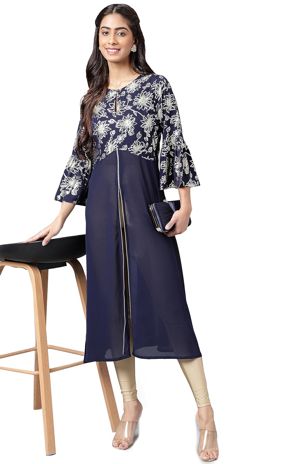 Janasya Women's Navy Blue Georgette Foil Printed A-Line Front Slit Kurta