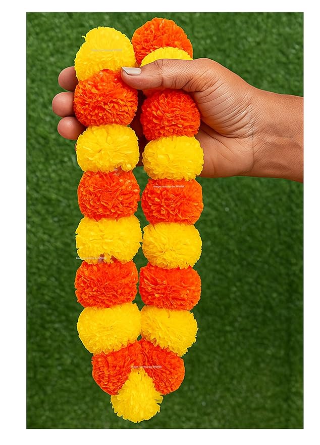 Artificial Marigold Fluffy Flowers Garlands Pack of 5 Yellow and Dark Orange