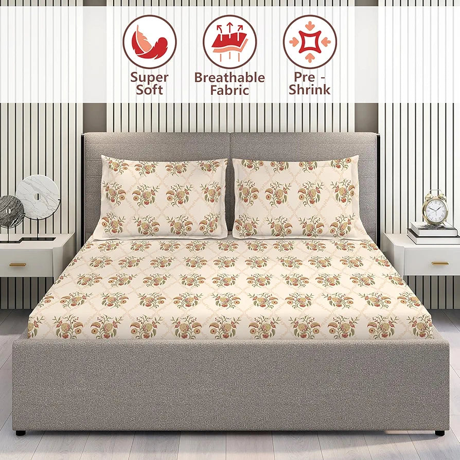 Layers Home Easy Cotton Bedsheet Set for All Seasons Lightweight 144 TC King Size Beige Red Floral