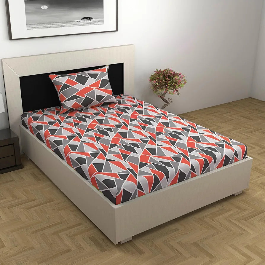 Divine Casa 144 TC 100% Cotton Bedsheet for Single Bed with 1 Pillow Cover Colour Red Grey