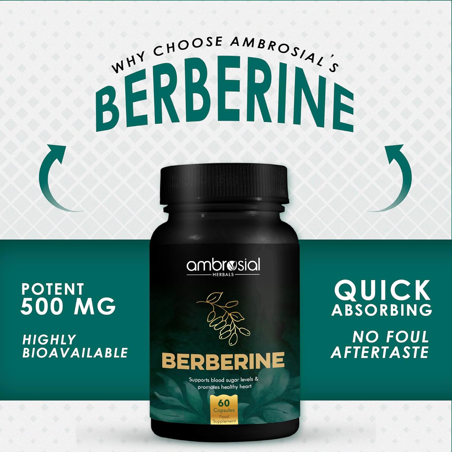 Ambrosial Berberine HCL 500mg EACH capsule |High Strength Berberine Supplements to Manage Diabetes and Blood Sugar Levels | Premium Herbal Diabetes Care Tablets (Pack of 1-60 Capsules)