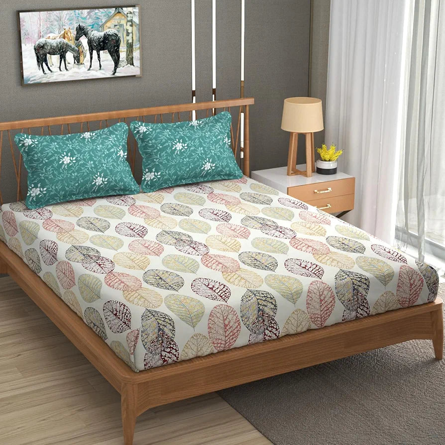 Homefab India 210 TC Cotton King Size BedSheet with 2 Pillow Covers Floral Green