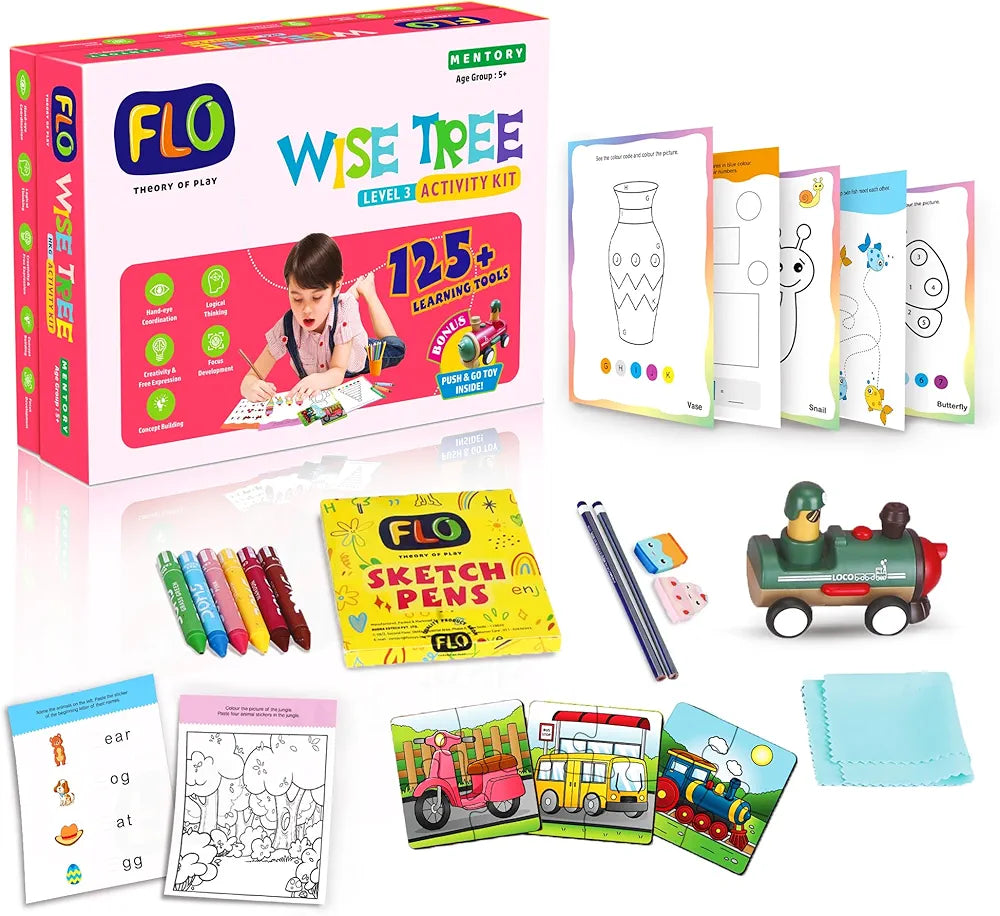 FLO Wisetree Level 3 Preschool Learning Activity Kit for Toddlers Age 5+ 125+ Early Learning Tools Birthday Gift Alphabet Flash Cards Puzzle, Push-n-go Toy