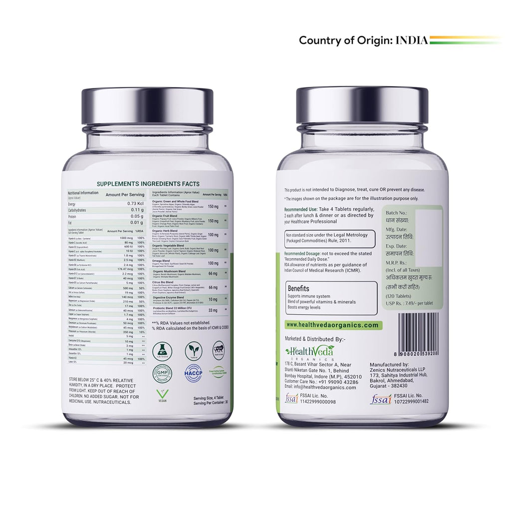 HEALTH VEDA ORGANICS PRIVATE LIMITED Whole Food Multivitamin With Natural Vitamins & Minerals I 120 Veg Tablets I Best For Energy, Brain, Heart & Eye Health I For Both Men & Women