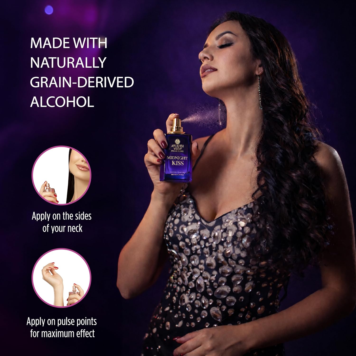 Ayouthveda Midnight Kiss Eau De Parfum for Women | Long Lasting Luxury Perfume | White Musk, Peach, Patchouli & Jasmine Notes | Elegant Evening Fragrance Spray | 100ml