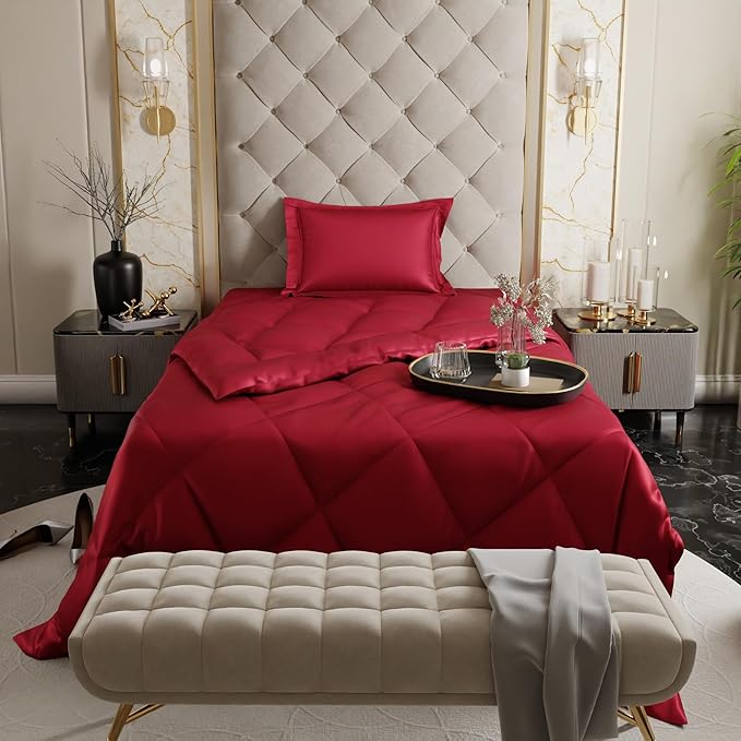 Stoa Paris Satin Comforter Double Bed with 300 TC 1 Pillow Covers Colour Flirty Red