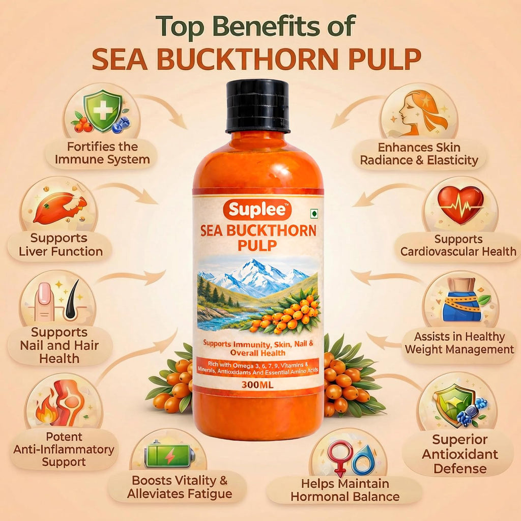 Suplee 99.9% Pure Himalayan Sea Buckthorn Pulp 300ml | Original & Natural Seabuckthorn Pulp Concentrate Rich in Omega 3, 6, 7 & 9 | Sugar Free Immunity Booster & Antioxidant Supplement for Radiant Skin, Hair & Overall Health | 300ml