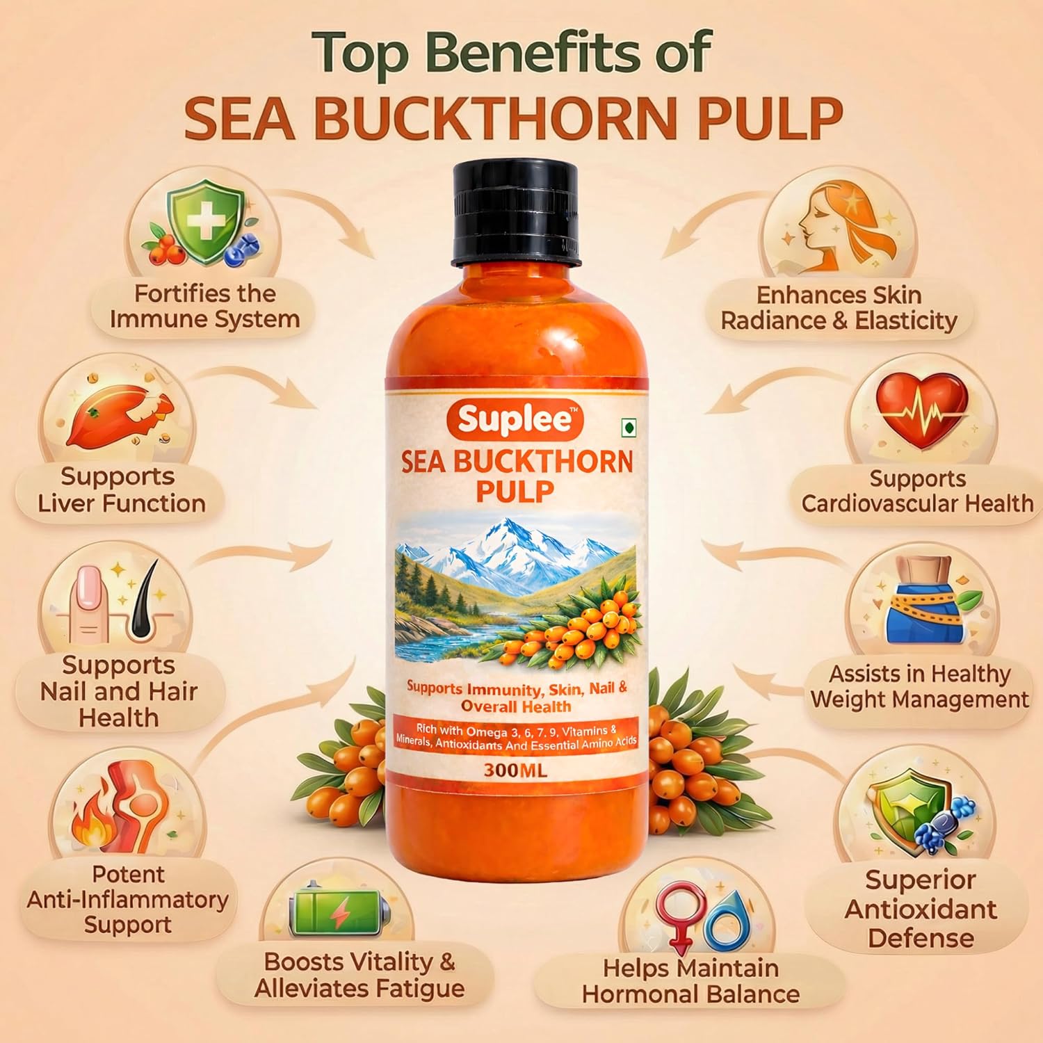 Suplee 99.9% Pure Himalayan Sea Buckthorn Pulp 300ml | Original & Natural Seabuckthorn Pulp Concentrate Rich in Omega 3, 6, 7 & 9 | Sugar Free Immunity Booster & Antioxidant Supplement for Radiant Skin, Hair & Overall Health | 300ml
