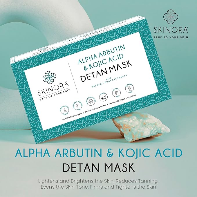 Skinora Alpha Arbutin & Kojic Acid Detan Mask | Tan Removal & Skin Brightening - 10 Gms Each | 6 Sachets