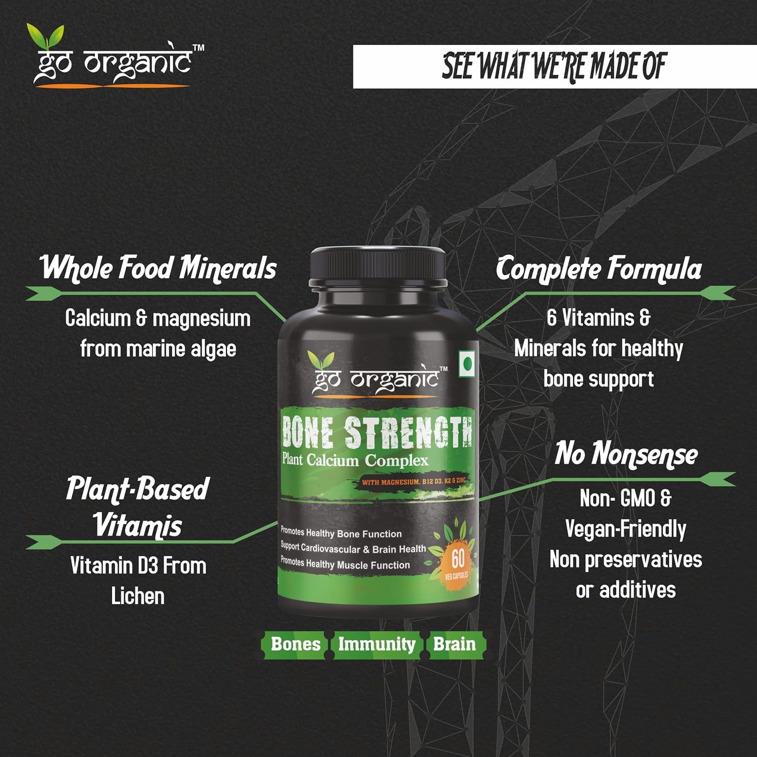 Go Organic Bone Strength - Plant-Based Calcium, Magnesium, Zinc, Vitamin D3, VIT B12, K2 - GMO, Soy, Gluten Free Ingredients - Whole Food Supplement for Bone Health - 60 Vegan Friendly Capsules