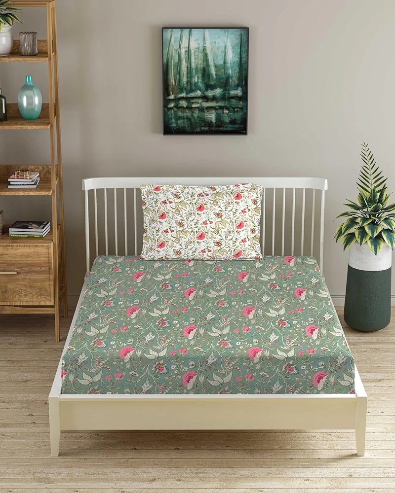 Trance Home Linen 180Tc Pure 100% Cotton Printed Fitted Bedsheet with 1 Pillow Cover 180 tc Calicut Colour Green White