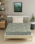 Trance Home Linen 180Tc Pure 100% Cotton Printed Fitted Bedsheet with 1 Pillow Cover 180 tc Calicut Colour Green White