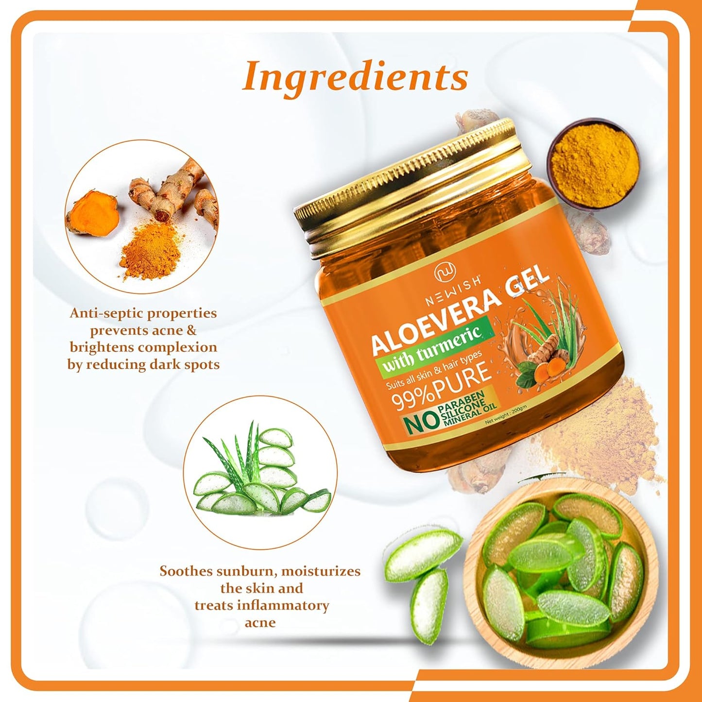 Newish Aloe Vera Gel for Face Skin & Hair with Turmeric Anti Acne Pure Aloe Vera Gel - 200 gms (Pack of 2)