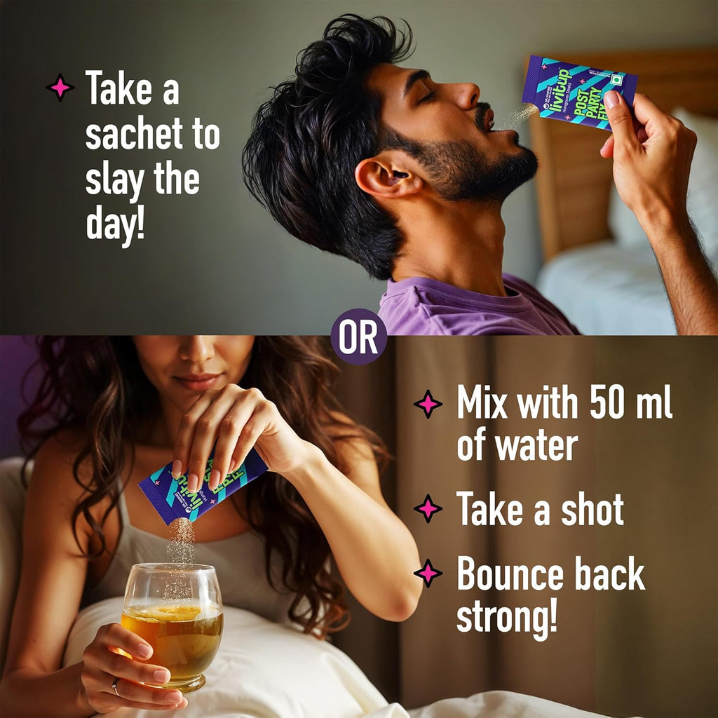 Dr. Vaidya's Livitup Post Party Fix | Hangover Relief & Liver Support | Helps Prevent Headache, Nausea & Acidity | With Sunthi, Ashwagandha & Taurine |15 Sachets (Pack of 1)