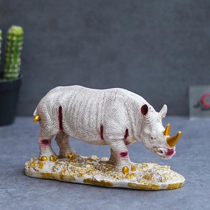 Ecraftindia White Polyresin Rhinoceros Statue With Golden Horns Animal Figurine